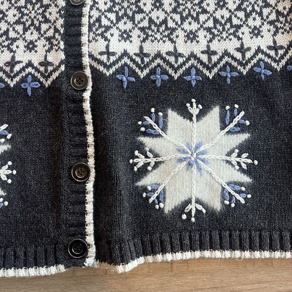 Embroidered Snowflake Holiday Cardigan Sweater VTG Button Ramie SML Sport Size L - Picture 3 of 6